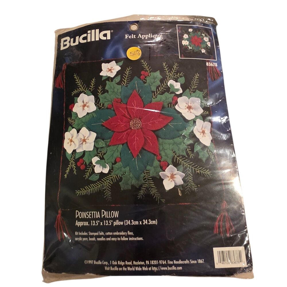 Vintage UCILLA Felt Appliqué POINSETTIA PILLOW Kit #83678 1997 NEW Sealed